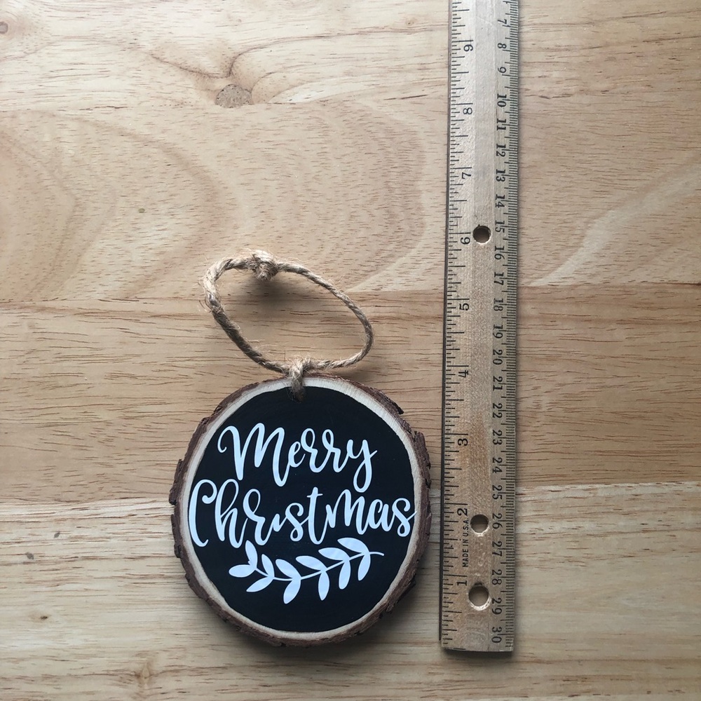 Handmade Merry Christmas Wood Slice Ornament — Black & White